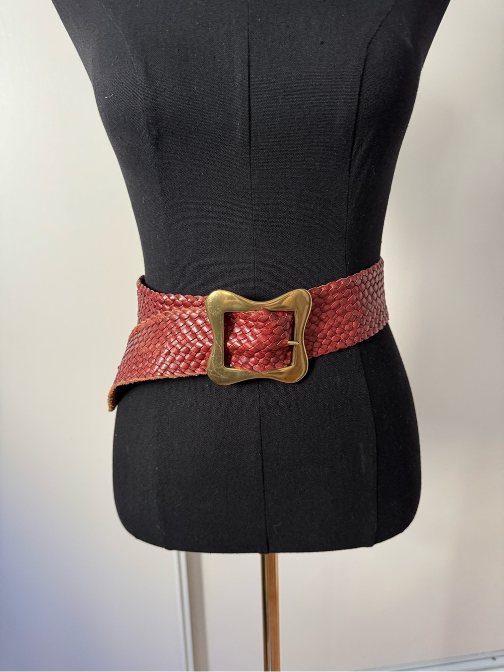 Vintage Lauren Ralph Lauren Cognac Woven Leather Wide Belt with Brass Buckle